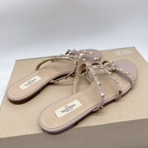 Valentino Garavani Womens Rockstud Flat Slide Sandals P45 Poudre Leather EU 39 - Picture 7 of 11